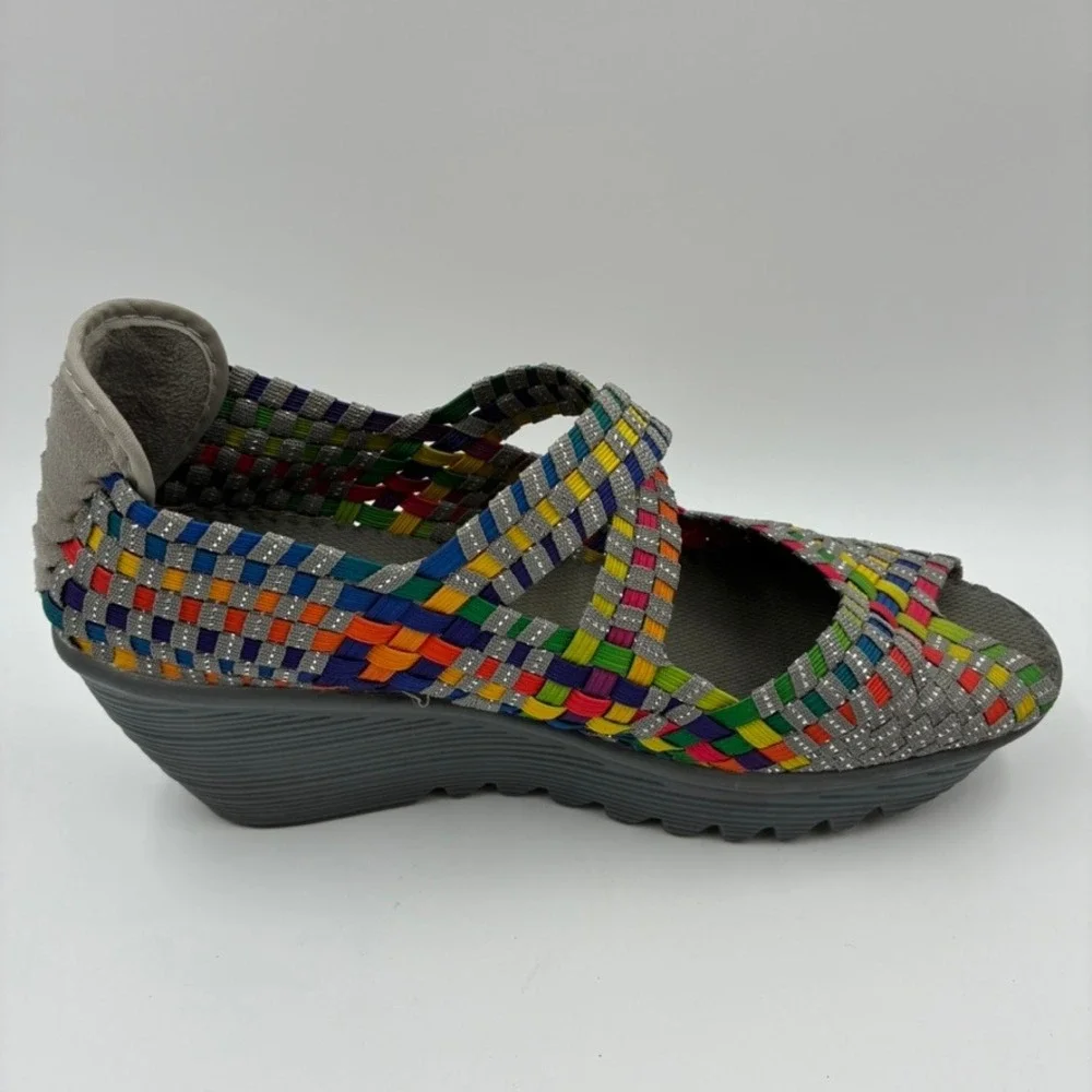Bernie Mev Comfi Mary Jane 38/US 7 Rainbow Woven Wedge Sandals‎ Peep Toe Elastic